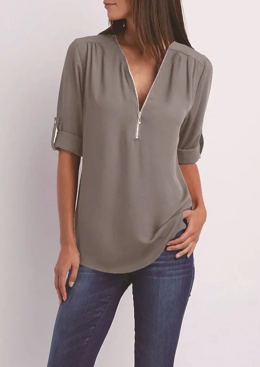 Dylan - Elegante V-hals Zip-Up Blouse voor dames