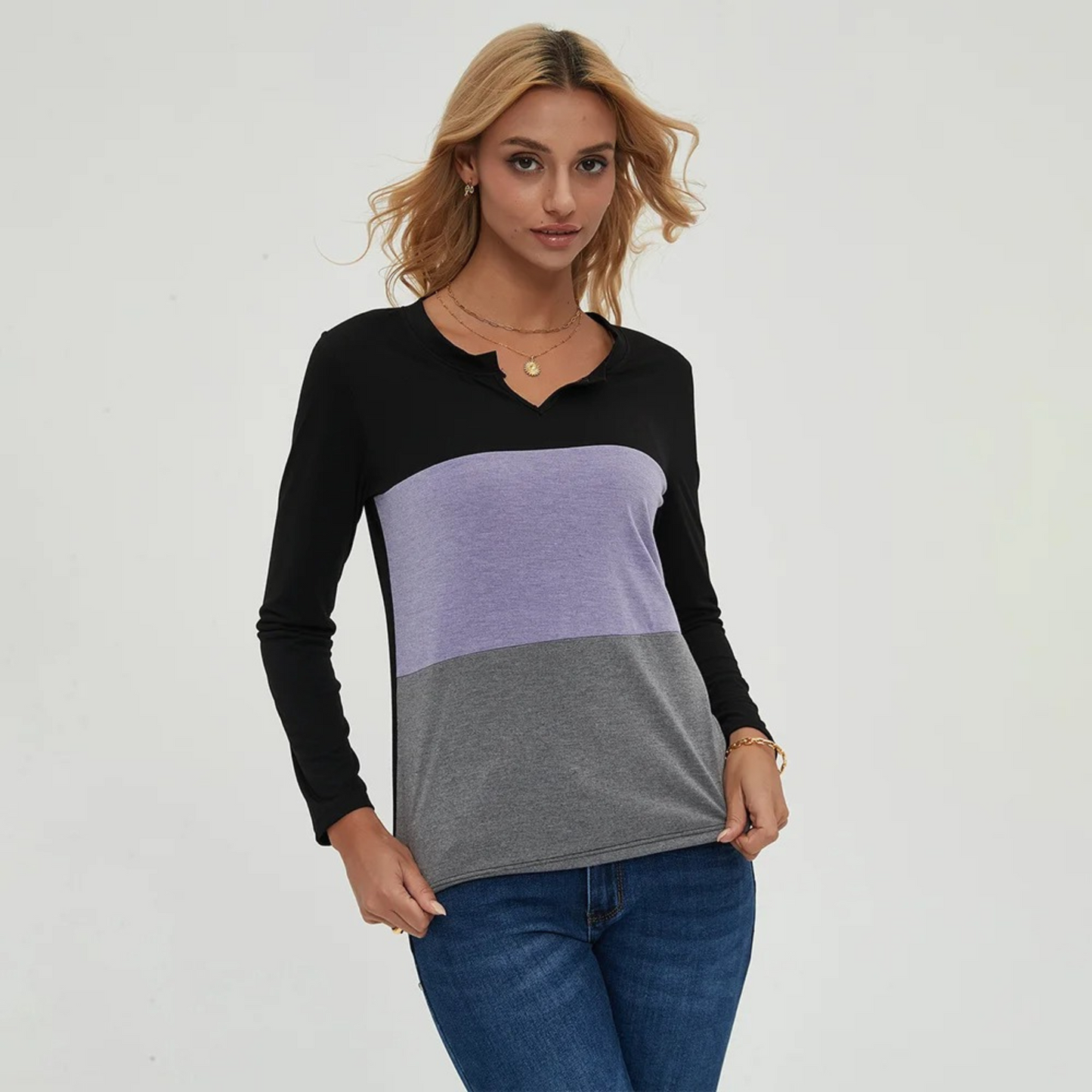 Eemie - Eenvoudig patchwork lichtgewicht damesshirt met lange mouwen